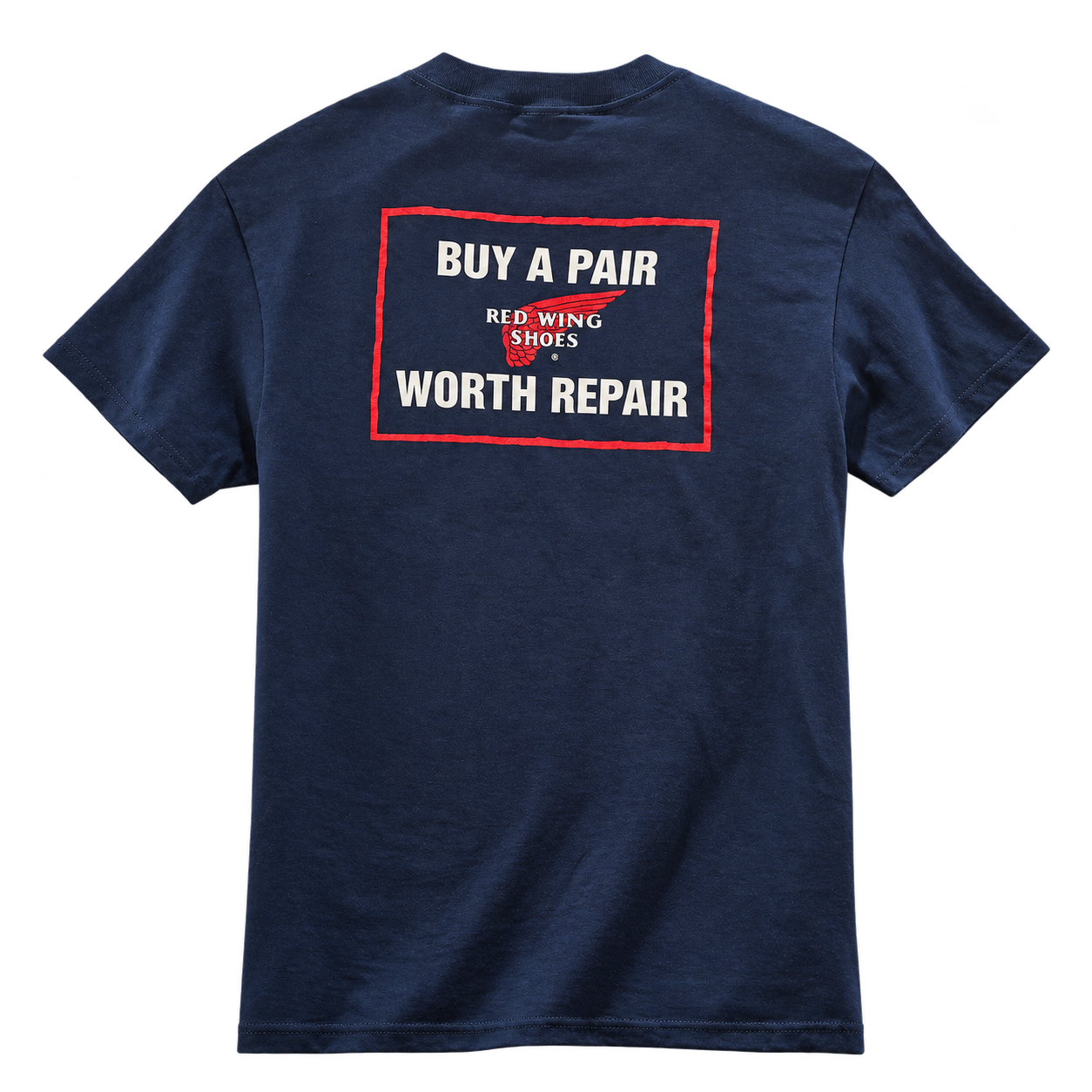 Navyblaues Red Wing Worth Repair T-Shirt 95082 mit großem Buy-a-Pair-Worth-Repair-Rückenprint – Rückansicht